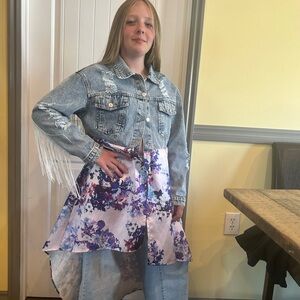 Denim Fringe Jacket Up-Cycles with Floral Dress.
